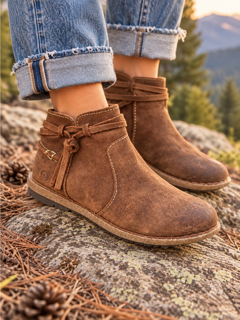 Børn Brown Suede Wrap Ankle Booties Boho Leather Boots Size 7 EUC